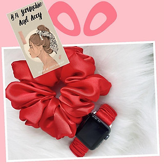 Combo dây đồng hồ apple watch và scrunchies dây cột tóc, buộc tóc vải satin lụa đỏ Noel