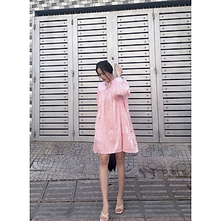 Đầm babydoll Freesize oganza tơ óng tay bồng 2 màu vàng kem, hồng dâu