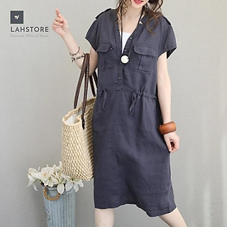Đầm suông linen nữ cổ V túi hộp dây thắt eo LAHSTORE