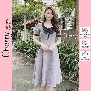 Đầm công sở kẻ caro nhỏ thắt nơ, váy vintage dáng xòe xinh đẹp, ngắn tay xinh xắn phù hợp đi làm dự tiệc Cherry - V038
