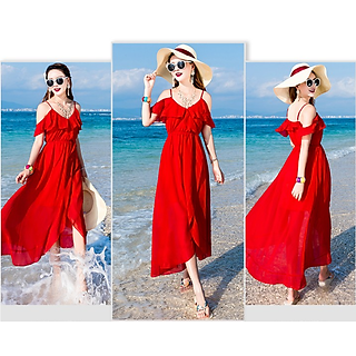 Váy Maxi Rớt Vai Màu Đỏ Đẹp