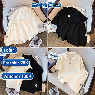 Set đồ bộ nữ freesize mặc nhà áo thun polo tay lỡ khóa kéo cổ phông form rộng + quần đùi in logo SQL