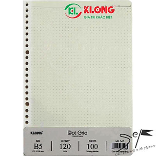 Ruột sổ còng giấy refill Dot Grid B5 100 tờ; MS: 547, chính hãng Klong còng 28 lỗ binder 120GSM