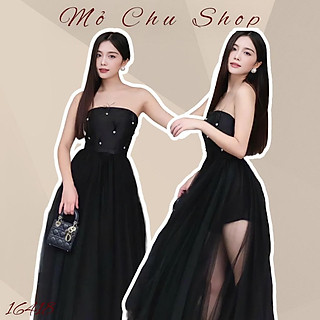 Đầm dự tiệc đính lông vũ tùng phối lưới