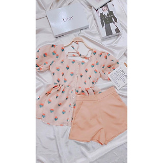 Sét Đầm Babydoll Dâu Tây Siêu Đẹp Sét Váy Babydoll Gồm Một Áo Peplum Xòe Eo Tay Bồng Và Một Quần Short Ngắn