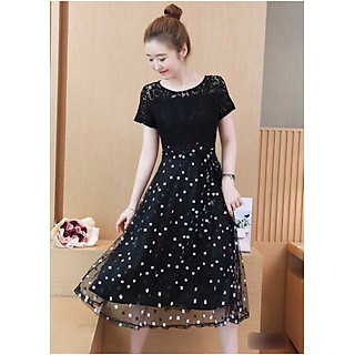 Đầm xòe ren phối lưới chấm bi vuông