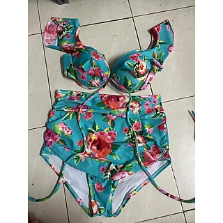 Bikini đi biển thu lạnh- đồ bơi nữ bông đỏ nền xanh siêu đẹp