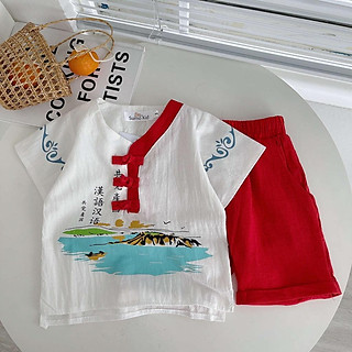 Bộ đồ bé trai cộc tay in bãi biển chất thô đũi cao cấp phong cách cổ trang cho bé mặc đi chơi - SUMO KIDS