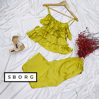 Đồ bộ mặc nhà SBORG bộ ngủ lụa latin - satin 2 dây viền bèo 4 tầng dễ thương phối quần dài có túi freesize dưới 55kg quà tặng Vợ, thoải mái mặc ngủ ở nhà hoặc đi ra ngoài