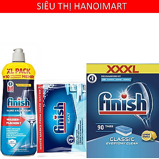 Combo viên rửa bát finish 90 viên + nước làm bóng finish 750ml + muối rửa chén finish 1,5kg