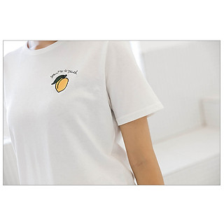 Áo Thun Trơn Nữ Cổ Tròn Thêu Trái Đào Vải Cực Mịn