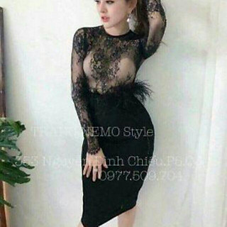 Đầm body tay dài phối lưới tua rua