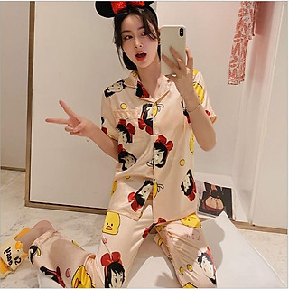 Xả kho đồ bộ mặc nhà pijama vải phi bóng in hình bạch tuyết bộ đồ mặc ngủ ngắn tay xinh xắn