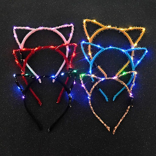 Cài tóc tai mèo nhung có đèn led phát sáng, bờm tóc, băng đô tai mèo, phụ kiện chơi Trung thu, Noel, Tết, lễ hội Hallowe