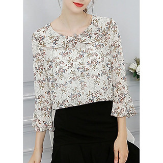 Áo sơ mi nữ voan hoa cổ sen tay loe, chất voan mềm mát, hàng nhập Quảng Châu