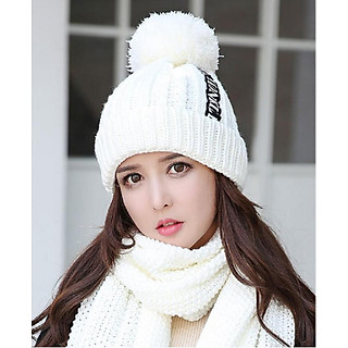 Bộ mũ len nữ quả bông kèm khăn thời trang Mũ nón len kèm khăn mẫu mới