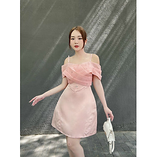 ĐẦM 2 DÂY RỚT VAI PHỐI VOAN PHỒNG ĐÍNH ĐÁ