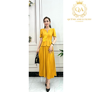 Đầm Xếp Ly Vàng dự tiệc Thanh lịch