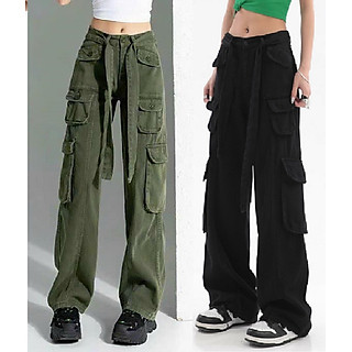 Quần Dài Túi Hộp Ống Rộng Kaki Cotton Cạp Cao Nam Nữ Unisex -hình thật