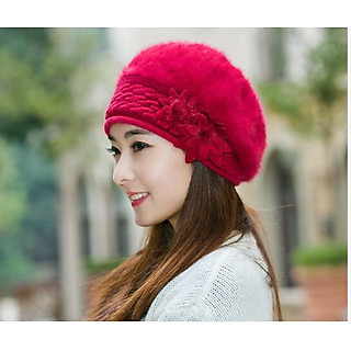 Mũ nồi len lông thỏ gắn hoa đôi thời trang Mũ nón len nữ màu đỏ