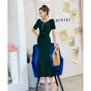 Đầm Xanh Thiết Kế Tay Con, Xòe Nhẹ Nhàng, Có Thắt Eo Thanh Lịch