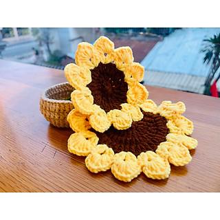 Đế lót cốc, miếng lót ly có chậu đựng băng len handmade - Mã bó hoa, không chậu