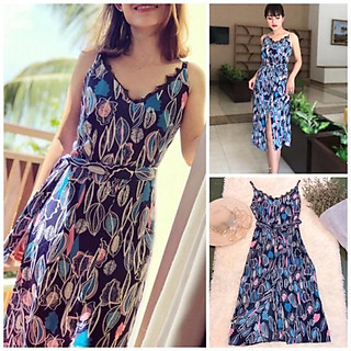 Đầm maxi 2 dây cổ V viền ren hoạ tiết