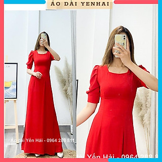 Áo dài lụa Thái Tuấn thiết kế màu đỏ cổ vuông trẻ trung