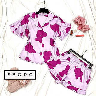 Đồ bộ ngủ nữ SBORG bộ ngủ lụa latin cao cấp tay tiên mềm mịn phối bèo họa tiết bò sữa cute đáng yêu bigsize 45-60kg quà tặng Vợ, thoải mái mặc nhà, ngủ hoặc ra ngoài