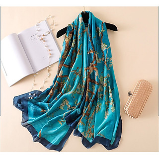 Khăn quàng cổ - Khăn choàng lụa Xanh Họa tiết Tranh nước cao cấp