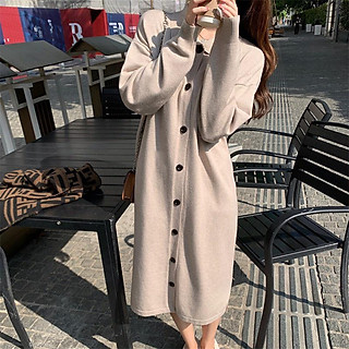 Đầm Nữ Liền Thân Vải Len Tăm Khuy Cài Dài tay Dáng Suông