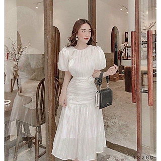Đầm Nữ Váy Tay Phồng Tiểu Thư Cổ Tròn Eo Nhún Xếp Ly Đuôi Cá Dự Tiệc Cưới, Dạo Phố Thời Trang Nữ LH125