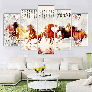 Tranh Canvas Bộ 5 Bức Đàn Ngựa Phi Nước Đại Dũng Mãnh - Tranh Decor Treo Tường Sang Trọng