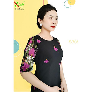 Đầm Suông Voan Hai Lớp Hoa In Chân Váy DL775 (TÍM)