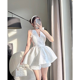 SET ÁO PELUM CỔ YẾM XOÈ PHỒNG + SHORT