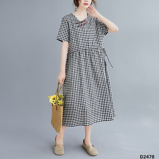 Đầm suông form rộng kẻ caro thắt eo trẻ trung nữ tính phong cách Hàn Quốc