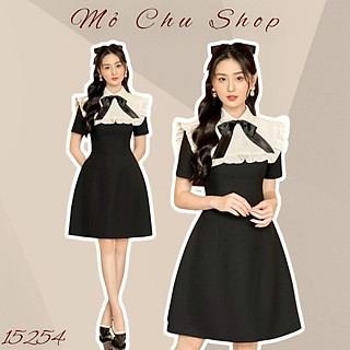 Đầm xoè đen phối bèo trắng kèm nơ