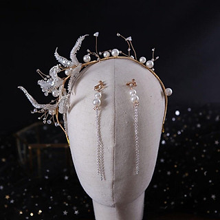 Băng đô cài tóc cô dâu ren hạt trai kẽm vàng kèm bông tai Giangpkc 2022