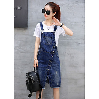 Đầm Yếm Jeans Nữ Phối Nút BY1067 - Xanh Nhạt