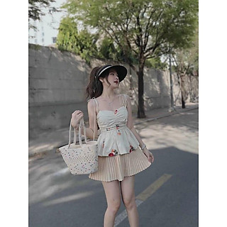 SÉT CHÂN VÁY DẬP LY KÈM ÁO 2 DÂY DẬP HOA CHẠY MOCKING THÂN SAU