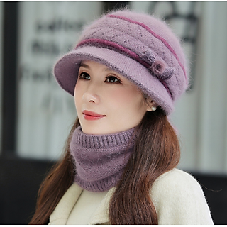 Bộ mũ len lông thỏ kèm khăn cho người trung niên, mũ nón len kèm khăn cổ cao cấp cho mẹ