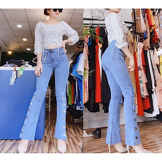 Quần jeans nữ ống loe dài kết nút 2 bên lưng cao