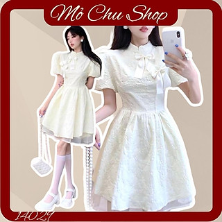 ĐẦM XOÈ GẤM CỔ TÀU PHỐI LƯỚI ĐÍNH NƠ  14029