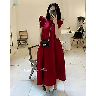 Váy suông nữ tay xếp ly cách điệu form rộng, đầm suông dài xếp ly