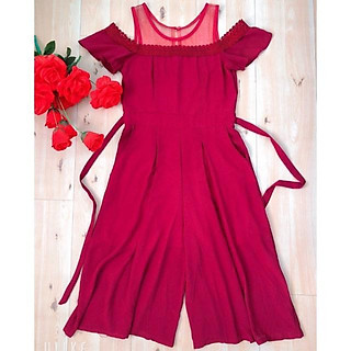 Jumpsuit lửng ống rộng phối lưới viền ren tay rớt khoét vai Cao Cấp