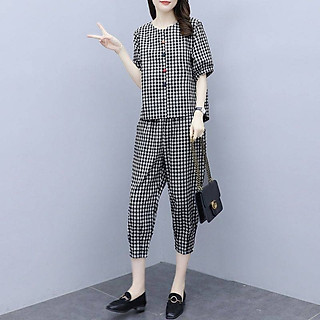 Set đồ bộ nữ kẻ caro trẻ trung, chất thô đũi mặc nhà dạo phố Đũi Việt