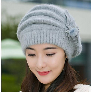 Mũ nồi beret len lông thỏ gắn hoa đôi cao cấp nón nồi nữ thời trang