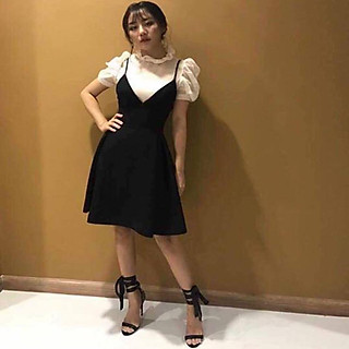 Đầm Xòe Trắng Tay Phồng Phối Đen