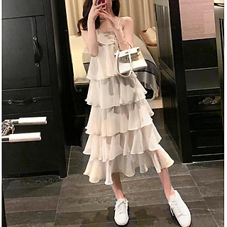 Đầm Voan Tầng Dài Hai Dây Đi Chơi LABELLE Màu Trắng Kem DC351