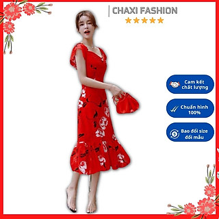 Đầm xòe voan hoa đỏ lai bèo cổ vuông siêu xinh - VN051851